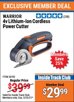 Harbor Freight ITC Coupon 4V LITHIUM-ION POWER CUTTER Lot No. 56192 Expired: 3/25/21 - $29.99