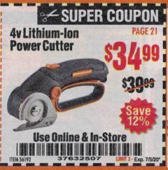 Harbor Freight Coupon 4V LITHIUM-ION POWER CUTTER Lot No. 56192 Expired: 7/5/20 - $34.99