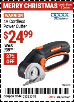 Harbor Freight Coupon 4V LITHIUM-ION POWER CUTTER Lot No. 56192 Expired: 12/10/23 - $24.99