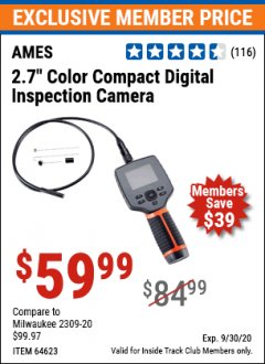 Harbor Freight ITC Coupon AMES 2.7" COLOR COMPACT DIGITAL INSPECTION CAMERA Lot No. 64623 Expired: 9/30/20 - $59.99