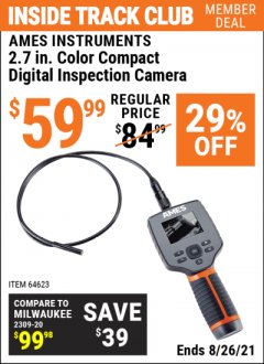 Harbor Freight ITC Coupon AMES 2.7" COLOR COMPACT DIGITAL INSPECTION CAMERA Lot No. 64623 Expired: 8/26/21 - $59.99