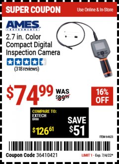 Harbor Freight Coupon AMES 2.7" COLOR COMPACT DIGITAL INSPECTION CAMERA Lot No. 64623 Expired: 7/4/22 - $74.99