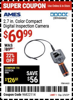 Harbor Freight Coupon AMES 2.7" COLOR COMPACT DIGITAL INSPECTION CAMERA Lot No. 64623 EXPIRES: 2/5/23 - $69.99