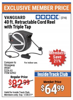 Harbor Freight ITC Coupon VANGUARD 40 FT. RETRACTABLE CORD REEL WITH TRIPLE TAP Lot No. 62952 Expired: 1/28/21 - $64.99