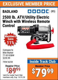 Harbor Freight ITC Coupon BADLAND ZXR 2500LB ATV/UTILITY WINCH WITH WIRELESS REMOTE Lot No. 56258 Expired: 10/31/20 - $79.99