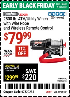 Harbor Freight Coupon BADLAND ZXR 2500LB ATV/UTILITY WINCH WITH WIRELESS REMOTE Lot No. 56258 Expired: 11/23/22 - $79.99