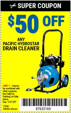 Harbor Freight Coupon $50 OFF ANY PACIFIC HYDROSTAR DRAIN CLEANER Lot No. 68285/61856/68284/61857 Expired: 7/31/20 - $50