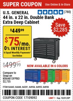Harbor Freight Coupon U.S. GENERAL 44" X 22" DOUBLE BANK EXTRA DEEP CABINETS (ALL COLORS) Lot No. 64446/64443/64281/64954/64955/64956 Expired: 10/31/20 - $449.99