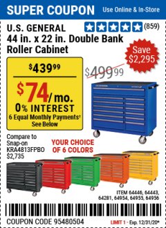 Harbor Freight Coupon U.S. GENERAL 44" X 22" DOUBLE BANK EXTRA DEEP CABINETS (ALL COLORS) Lot No. 64446/64443/64281/64954/64955/64956 Expired: 12/31/20 - $439.99