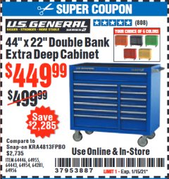 Harbor Freight Coupon U.S. GENERAL 44" X 22" DOUBLE BANK EXTRA DEEP CABINETS (ALL COLORS) Lot No. 64446/64443/64281/64954/64955/64956 Expired: 1/15/21 - $449.99