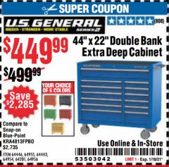 Harbor Freight Coupon U.S. GENERAL 44" X 22" DOUBLE BANK EXTRA DEEP CABINETS (ALL COLORS) Lot No. 64446/64443/64281/64954/64955/64956 Expired: 1/18/21 - $449.99