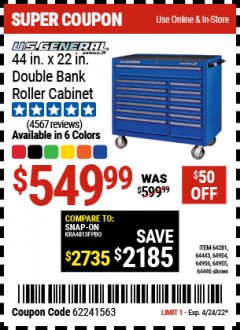 Harbor Freight Coupon U.S. GENERAL 44" X 22" DOUBLE BANK EXTRA DEEP CABINETS (ALL COLORS) Lot No. 64446/64443/64281/64954/64955/64956 Expired: 4/24/22 - $549.99