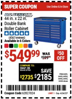 Harbor Freight Coupon U.S. GENERAL 44" X 22" DOUBLE BANK EXTRA DEEP CABINETS (ALL COLORS) Lot No. 64446/64443/64281/64954/64955/64956 Expired: 4/24/22 - $549.99