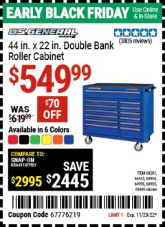 Harbor Freight Coupon U.S. GENERAL 44" X 22" DOUBLE BANK EXTRA DEEP CABINETS (ALL COLORS) Lot No. 64446/64443/64281/64954/64955/64956 Expired: 11/23/22 - $549.99