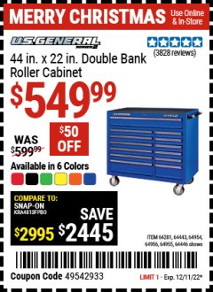 Harbor Freight Coupon U.S. GENERAL 44" X 22" DOUBLE BANK EXTRA DEEP CABINETS (ALL COLORS) Lot No. 64446/64443/64281/64954/64955/64956 Expired: 12/11/22 - $549.99