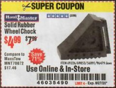 Harbor Freight Coupon HAUL-MASTER SOLID RUBBER WHEEL CHOCK Lot No. 69326/69853/56891/96479 Expired: 8/27/20 - $4.99
