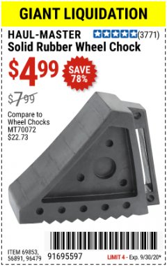 Harbor Freight Coupon HAUL-MASTER SOLID RUBBER WHEEL CHOCK Lot No. 69326/69853/56891/96479 Expired: 9/30/20 - $4.99