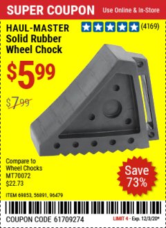 Harbor Freight Coupon HAUL-MASTER SOLID RUBBER WHEEL CHOCK Lot No. 69326/69853/56891/96479 Expired: 11/25/20 - $5.99