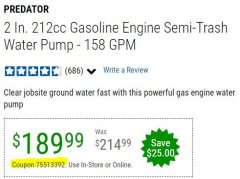 Harbor Freight Coupon 2" SEMI-TRASH GASOLINE ENGINE WATER PUMP (212 CC) Lot No. 56160/63405 Expired: 12/31/20 - $189.99