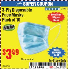 Harbor Freight Coupon 3-PLY DISPOSABLE FACE MASKS Lot No. 57593 Expired: 10/19/20 - $3.49