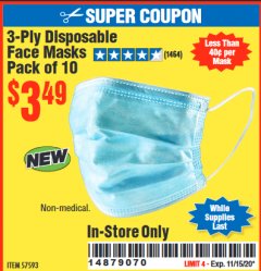 Harbor Freight Coupon 3-PLY DISPOSABLE FACE MASKS Lot No. 57593 Expired: 11/15/20 - $3.49