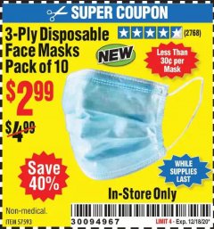 Harbor Freight Coupon 3-PLY DISPOSABLE FACE MASKS Lot No. 57593 Expired: 12/18/20 - $2.99