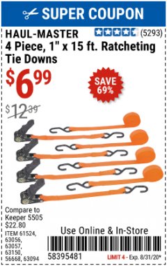 Harbor Freight Coupon 4 PC. TIE DOWN Lot No. 63056, 63094 Expired: 8/31/20 - $6.99