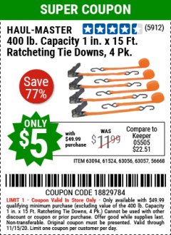 Harbor Freight Coupon 4 PC. TIE DOWN Lot No. 63056, 63094 Expired: 11/15/20 - $5