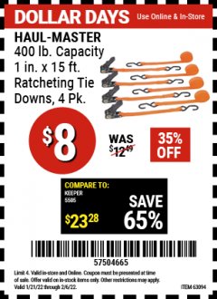 Harbor Freight Coupon 4 PC. TIE DOWN Lot No. 63056, 63094 Expired: 2/6/22 - $0.08
