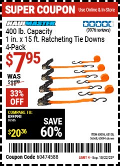 Harbor Freight Coupon 4 PC. TIE DOWN Lot No. 63056, 63094 Expired: 10/22/23 - $7.95