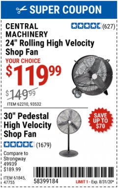 Harbor Freight Coupon SHOP FAN Lot No. 61845, 47755, 62210,93532 Expired: 8/31/20 - $119.99