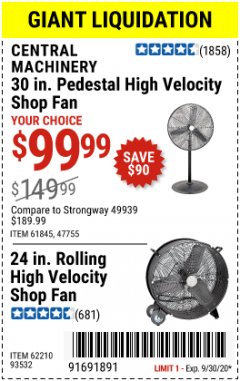Harbor Freight Coupon SHOP FAN Lot No. 61845, 47755, 62210,93532 Expired: 9/30/20 - $99.99