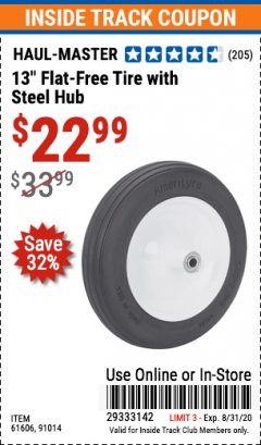 Harbor Freight ITC Coupon 13" FLAT-FREE TIRE WITH STEEL HUB Lot No. 61606, 91014 Expired: 8/31/20 - $22.99