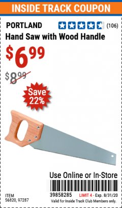 Harbor Freight ITC Coupon HAND SAW WITH WOOD HANDLE Lot No. 56820, 97287 Expired: 8/31/20 - $6.99