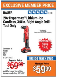 Harbor Freight ITC Coupon 20V HYPERMAX LITHIUM-ION CORDLESS 3/8" RIGHT ANGLE DRILL Lot No. 64582 Expired: 12/3/20 - $59.99