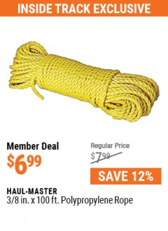 Harbor Freight Coupon 3/8" X 100 FT. POLYPROPYLENE ROPE Lot No. 90763/62711 Expired: 7/1/21 - $6.99