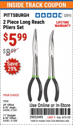 Harbor Freight ITC Coupon 2 PIECE LONG REACH PLIERS SET Lot No. 64090/61587/64081/61588 Expired: 8/31/20 - $5.99