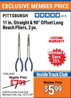 Harbor Freight ITC Coupon 2 PIECE LONG REACH PLIERS SET Lot No. 64090/61587/64081/61588 Expired: 10/31/20 - $5.99