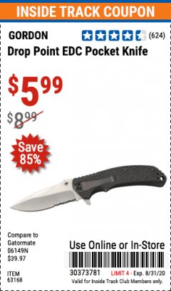 Harbor Freight ITC Coupon DROP POINT EDC POCKET KNIFE Lot No. 63168 Expired: 8/31/20 - $5.99