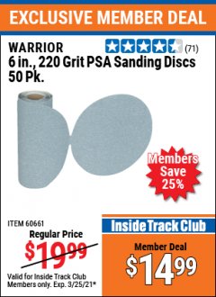 Harbor Freight ITC Coupon 6" PSA SANDING DISCS - PACK OF 50 (80/120/180/220/320 GRIT) Lot No. 69959/69960/69961/60661/60421 Expired: 3/25/21 - $14.99
