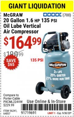 Harbor Freight Coupon 20 GALLON, 1.6 HP, 135 PSI OIL LUBE VERTICAL AIR COMPRESSOR Lot No. 64857/56241 Expired: 9/30/20 - $164.99