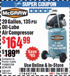 Harbor Freight Coupon 20 GALLON, 1.6 HP, 135 PSI OIL LUBE VERTICAL AIR COMPRESSOR Lot No. 64857/56241 Expired: 9/13/20 - $164.99