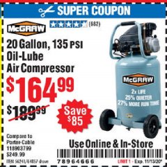 Harbor Freight Coupon 20 GALLON, 1.6 HP, 135 PSI OIL LUBE VERTICAL AIR COMPRESSOR Lot No. 64857/56241 Expired: 11/13/20 - $164.99