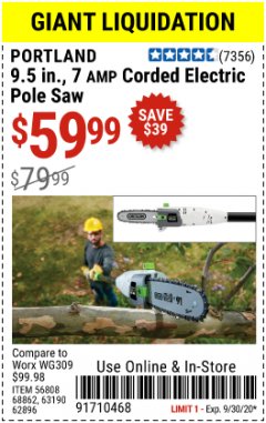 Harbor Freight Coupon 9.5", 7 AMP CORDED ELECTRIC POLE SAW Lot No. 56808/68862/62896/63190 Expired: 9/30/20 - $59.99