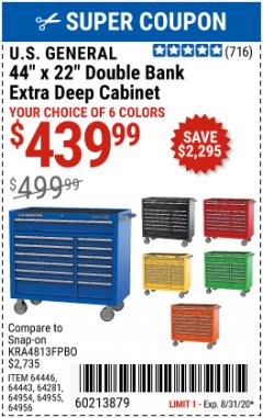 Harbor Freight Coupon 44" X 22" DOUBLE BANK ROLLER CABINETS Lot No. 64954/64955/64956/64133/64443/64446 Expired: 8/31/20 - $439.99