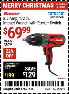 Harbor Freight Coupon 8.5 AMP CORDED 1/2" HEAVY DUTY EXTREME TORQUE IMPACT WRENCH Lot No. 64120 Expired: 12/24/23 - $69.99