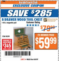 Harbor Freight ITC Coupon EIGHT DRAWER WOOD TOOL CHEST Lot No. 62585/94538 Expired: 9/4/18 - $59.99