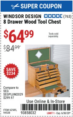 Harbor Freight Coupon EIGHT DRAWER WOOD TOOL CHEST Lot No. 62585/94538 Expired: 6/30/20 - $64.99