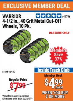 Harbor Freight ITC Coupon 4-1/2" 40 GRIT METAL CUT-OFF WHEEL, 10 PACK Lot No. 45430/61195 Expired: 2/25/21 - $4.99