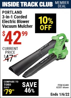 Harbor Freight ITC Coupon 3-IN-1 CORDED ELECTRIC BLOWER VACUUM MULCHER Lot No. 62337/62469 Expired: 1/6/22 - $42.99